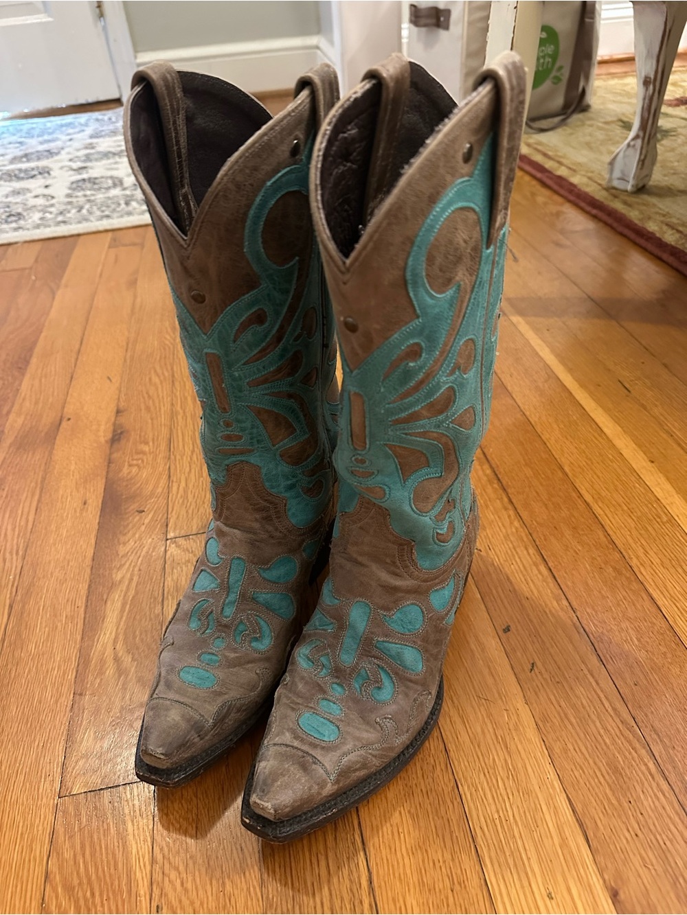 Turquoise Overlay Brown Leather Heeled Cowboy Boots